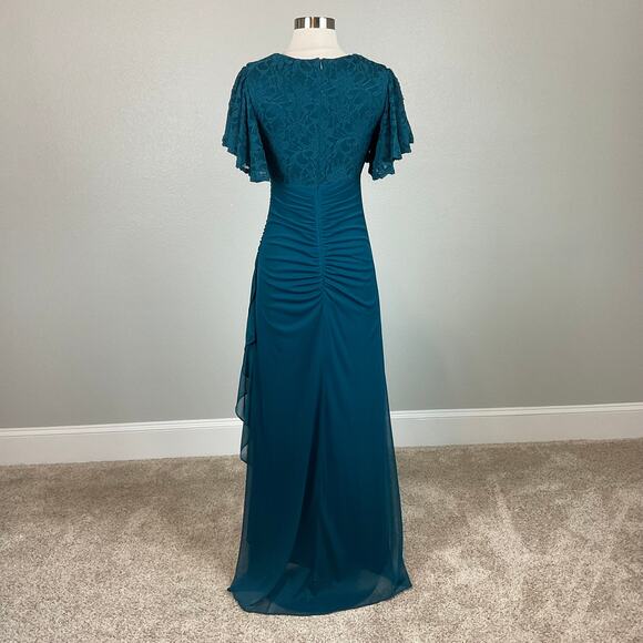 Betsy & Adam Lace and Chiffon Evening Gown Green Size 4 Short Flutter Sleeves - Picture 6 of 13